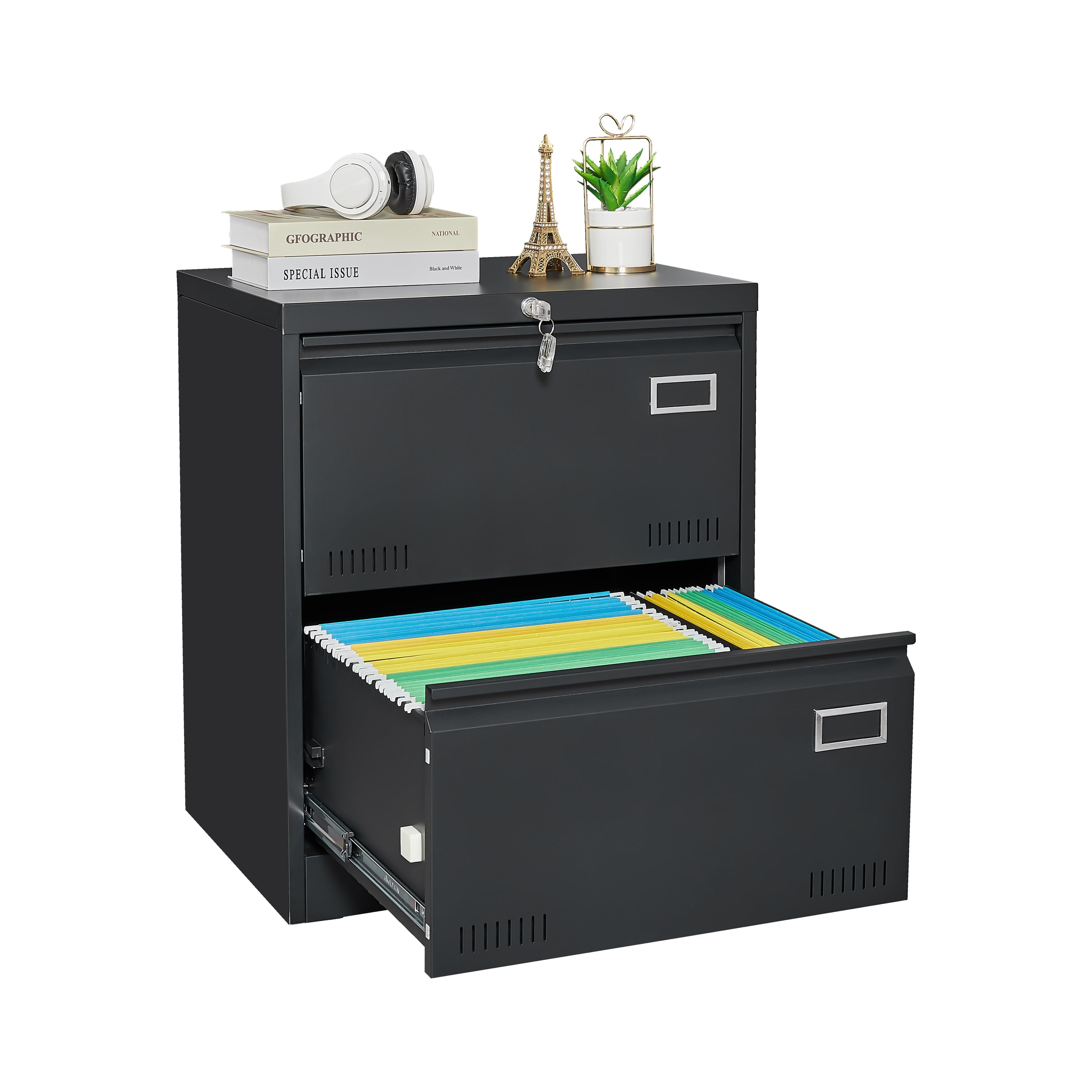 Black Metal Lockable 2-Drawer Lateral Filing Cabinet