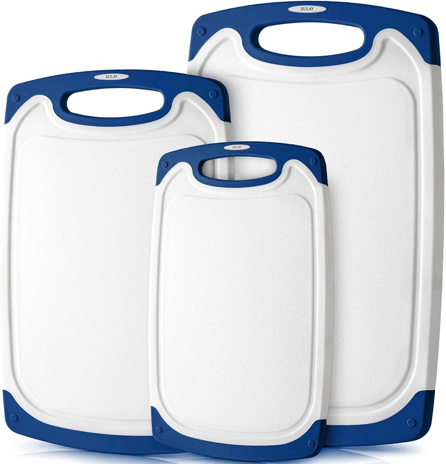 White and Navy Plastic Cutting Board Set with Juice Grooves