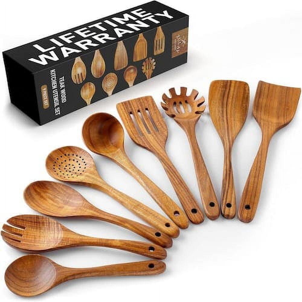 Zulay 9-Piece Teak Wooden Utensils For Cooking, Smooth Finish Kitchen Utensils Set with Gift Box