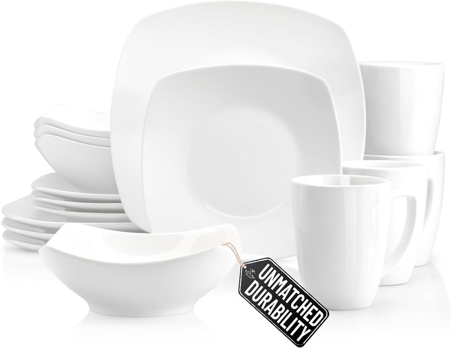 Zulay Kitchen Luna Dinnerware Set, 16 Piece Modern Porcelain Dish Set for 4, Chip and Scratch Resistant Square Plates and Bowls Sets, Microwave and Dishwasher Safe, Pearl White