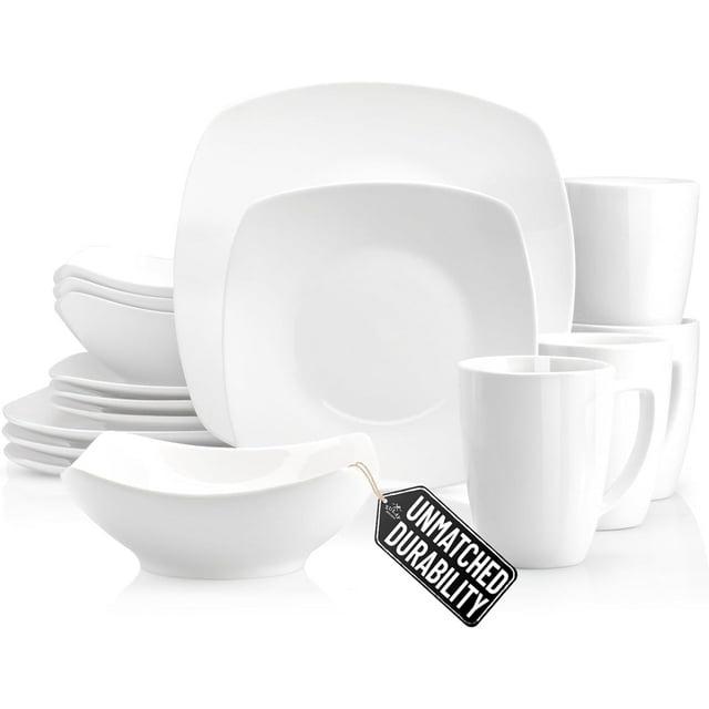 Zulay Kitchen Luna Dinnerware Set, 16 Piece Modern Porcelain Dish Set for 4, Chip and Scratch Resistant Square Plates and Bowls Sets, Microwave and Dishwasher Safe, Pearl White
