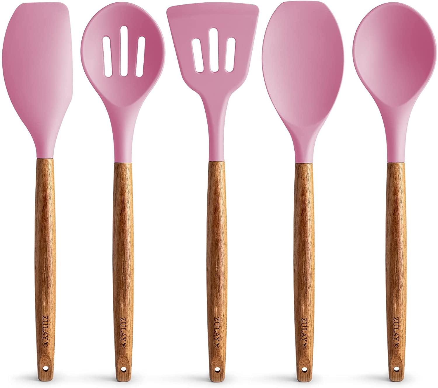 Pink Silicone and Acacia Wood 5-Piece Cooking Utensil Set