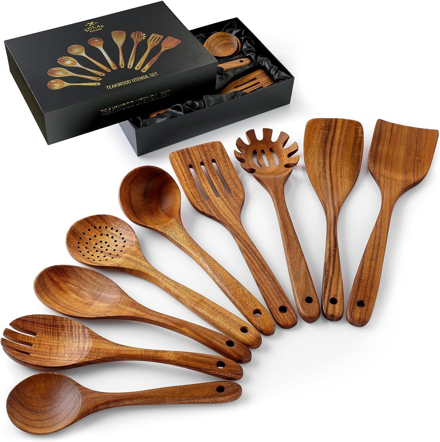 Zulay 9-Piece Teak Wooden Utensils For Cooking, Smooth Finish Kitchen Utensils Set with Gift Box