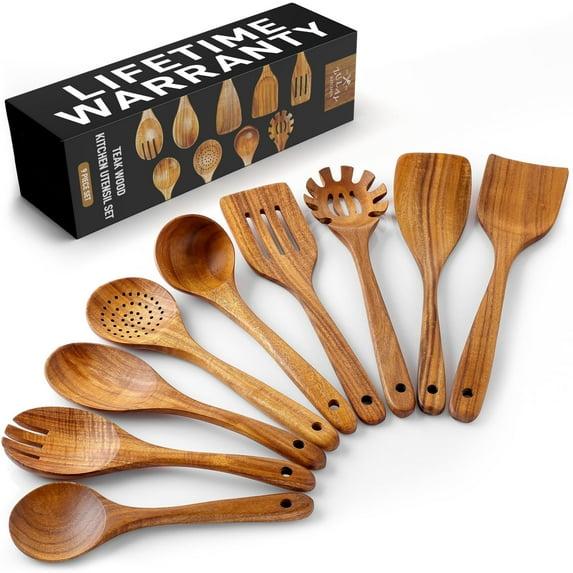 FAST APPLIANCES LLC 9Pcs Wooden Cooking Utensils, Wooden Spoons For Cooking, Teak Wood Kitchen Utensil Set
