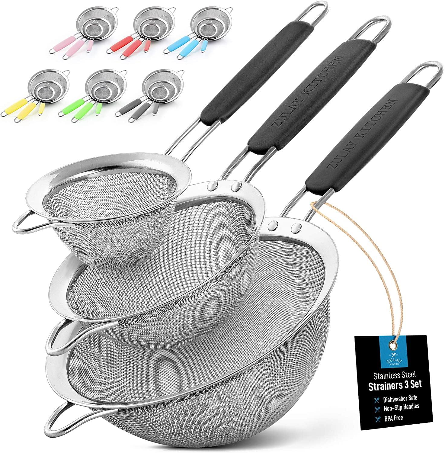 Zulay Kitchen Premium Stainless Steel Fine Mesh Strainer Set (includes A Small, Medium & Large Fine Mesh Sieve Set)