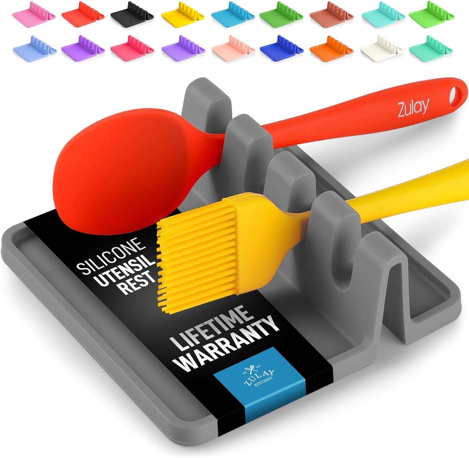 Gray Silicone Utensil Rest with Drip Pad and Multiple Slots