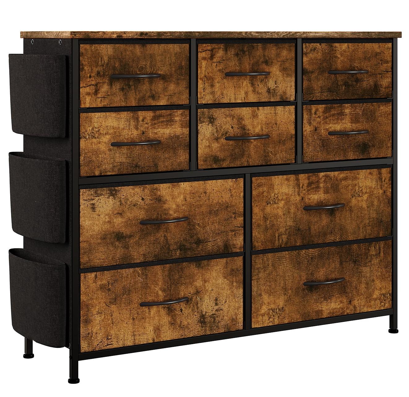 Rustic Brown 10-Drawer Fabric Dresser with Metal Frame