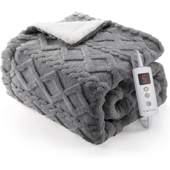 CAROMIO Heated Throw Blanket - Thick Tufted Sherpa Electric Blanket Throw with 10 Heating Levels and 10 Time Settings, ETL Certified Machine Washable Fast Heating Blanket Throw 50"×60", Grey