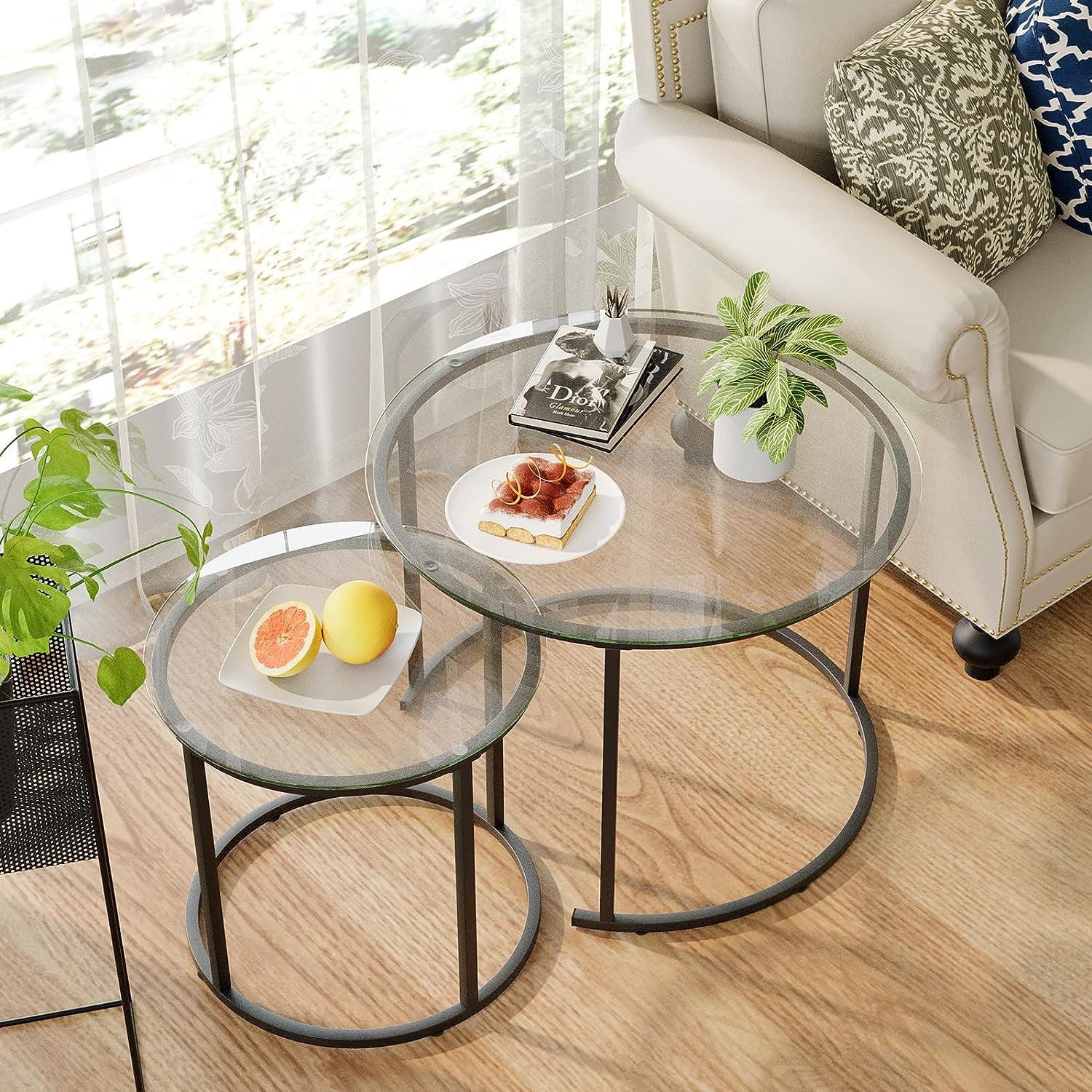 Black Glass and Metal Round Nesting Coffee Tables, Set of 2