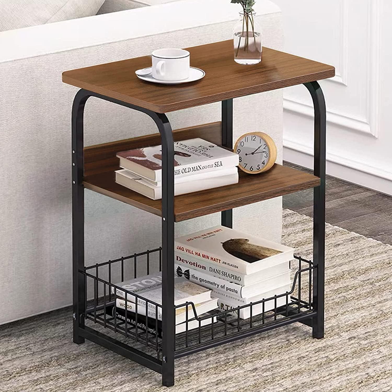 Brown 3-Tier Wood and Metal End Table with Storage Shelves