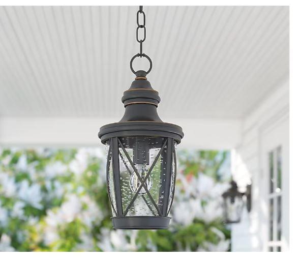 allen + roth Castine Bronze Craftsman Seeded Glass Lantern Led Medium Outdoor Hanging Pendant Light