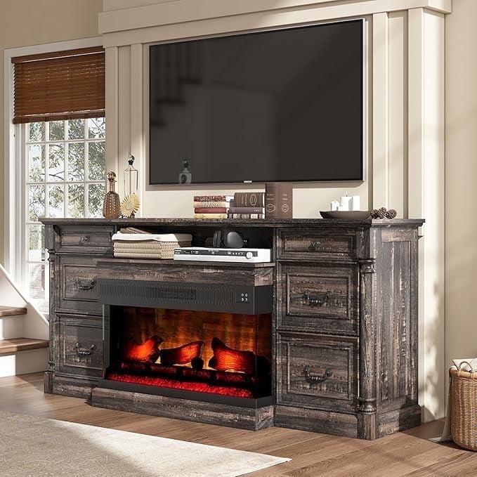 Alvilda 75" Farmhouse TV Stand with 36'' 3-Sided Glass Fireplace, 2 Drawers & Doors Closed Storage
