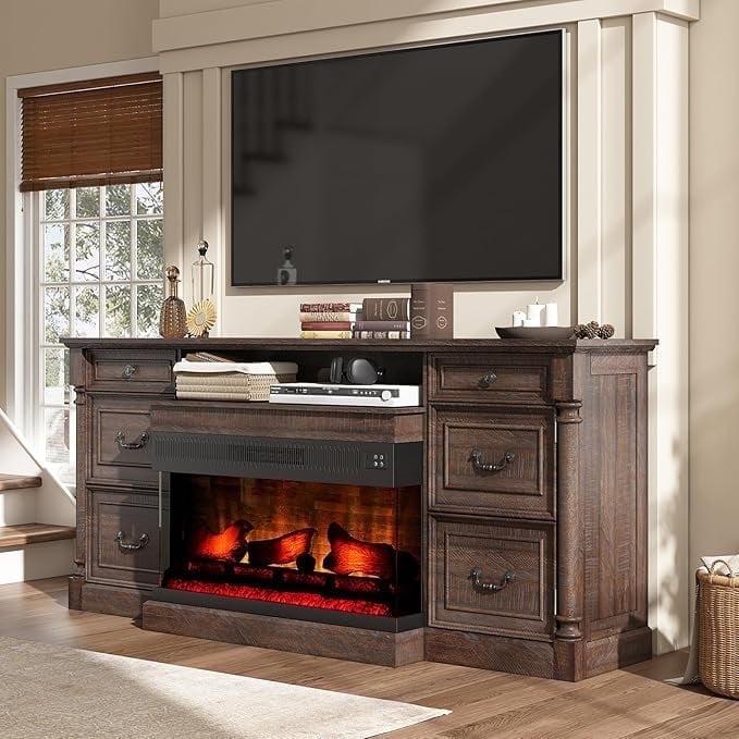 Alvilda 75" Farmhouse TV Stand with 36'' 3-Sided Glass Fireplace, 2 Drawers & Doors Closed Storage