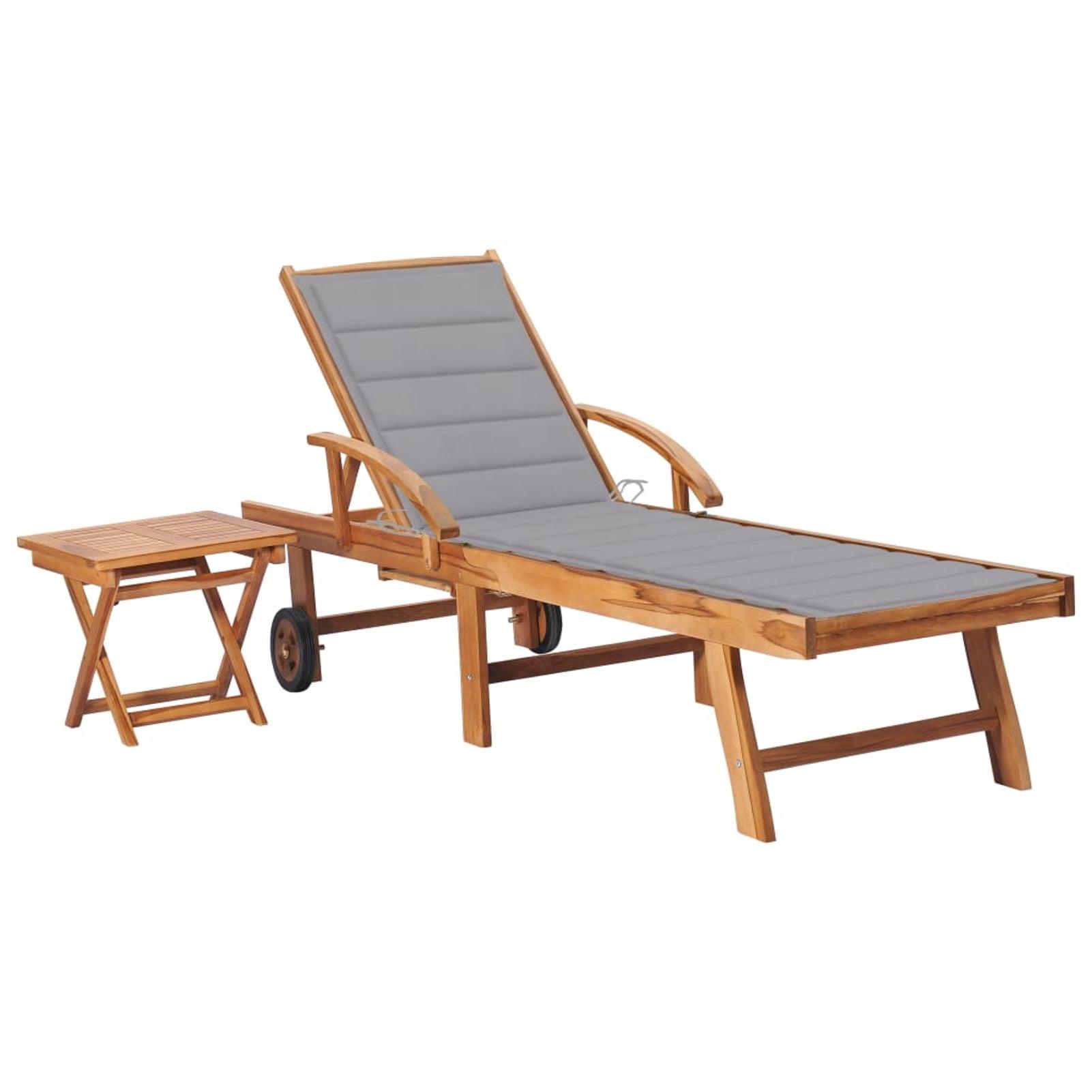 Grey Teak Wood Adjustable Outdoor Chaise Lounge with Cushion