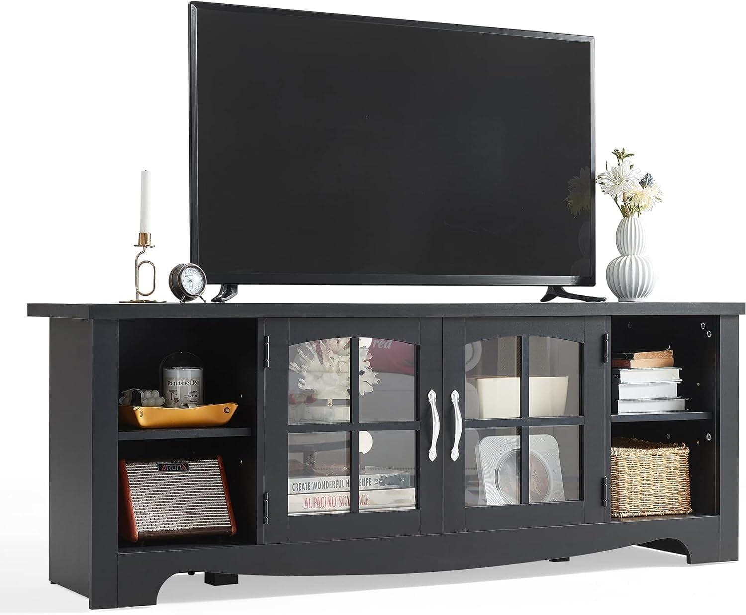 Farmhouse TV Stand for 65 Inch TV, Wood Entertainment Center with Glass Door Storage Cabinet & Adjustable Shelves, Large Sturdy TV Console Table for Living Room Bedroom