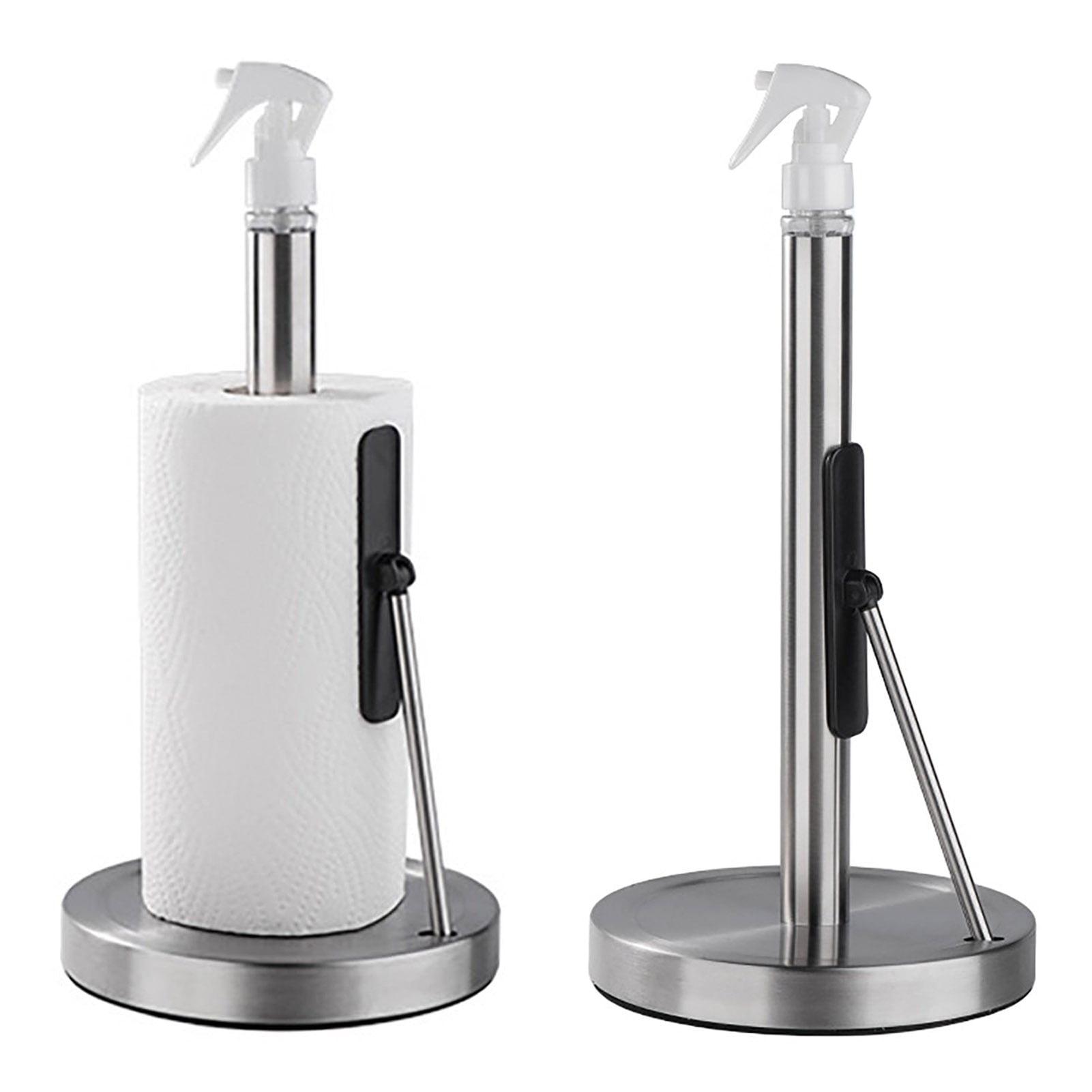Washranp Paper Towel Holderwith Spray Bottle,Stainless Steel Easy to Tear Paper Towel Dispenser Weighted Base Adjustable Spring Arm to Hold Any Type of Paper Towels