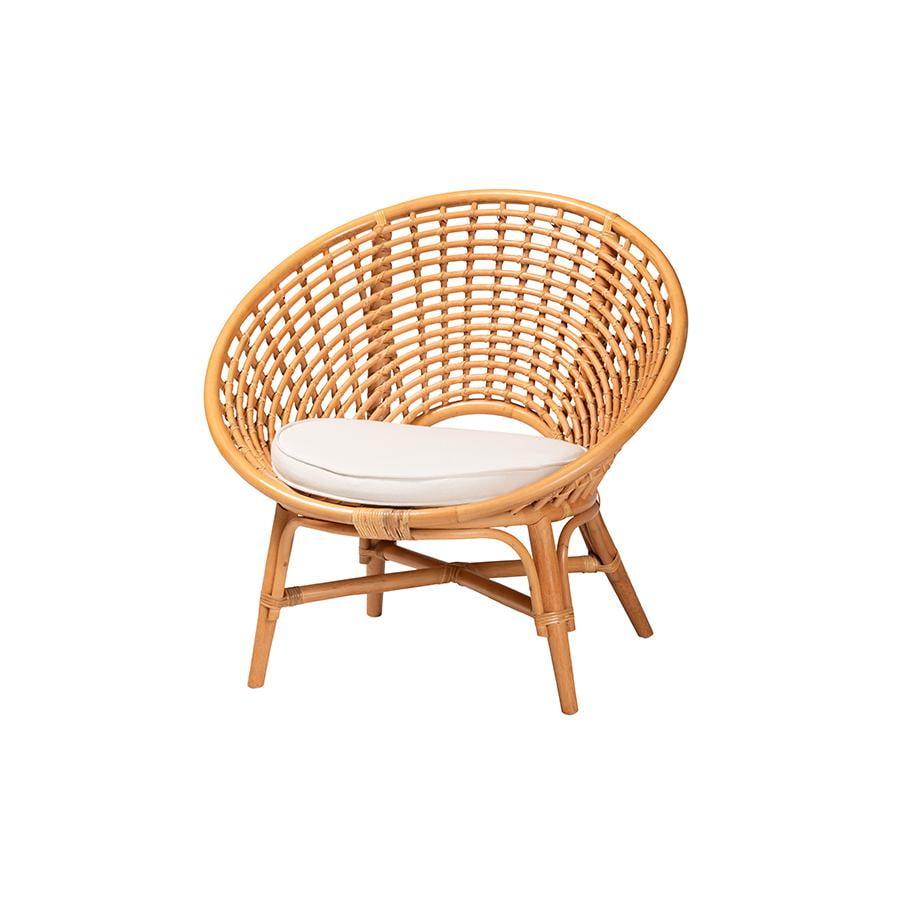 Handcrafted Natural Rattan Bohemian Accent Chair with White Cushion