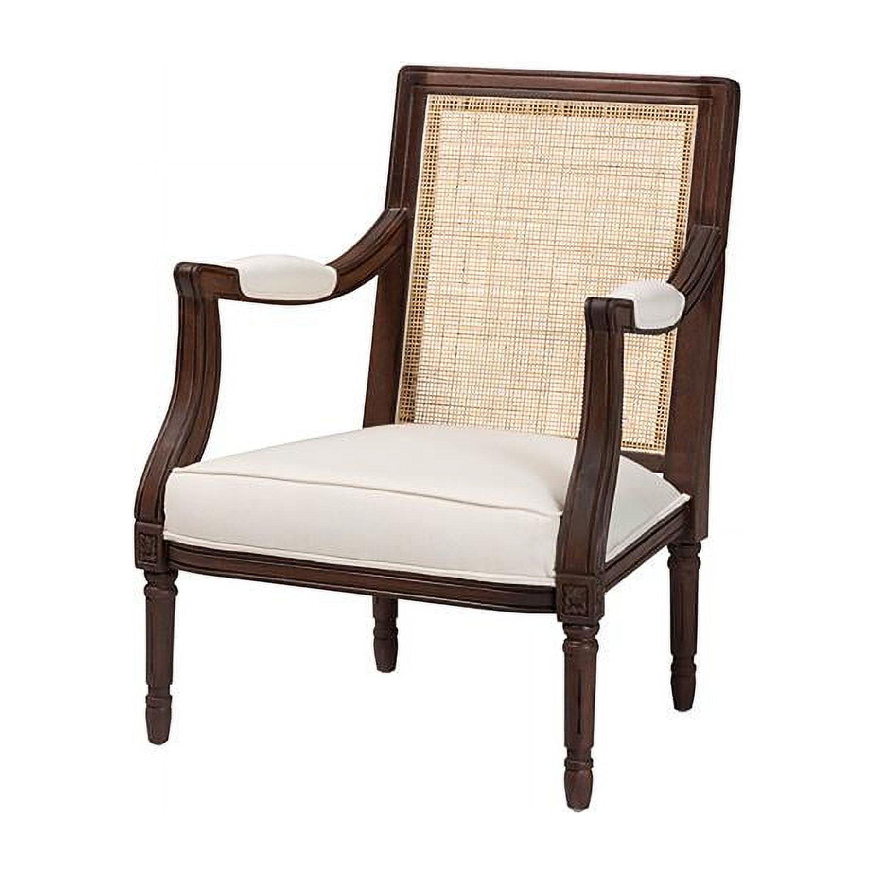 Traditional French Dark Brown Wood and Beige Fabric Accent Chair