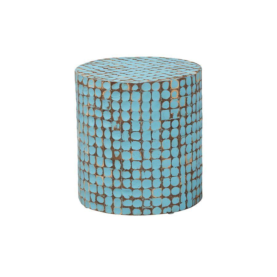 Sky Blue Coconut Shell and Acacia Wood Round End Table