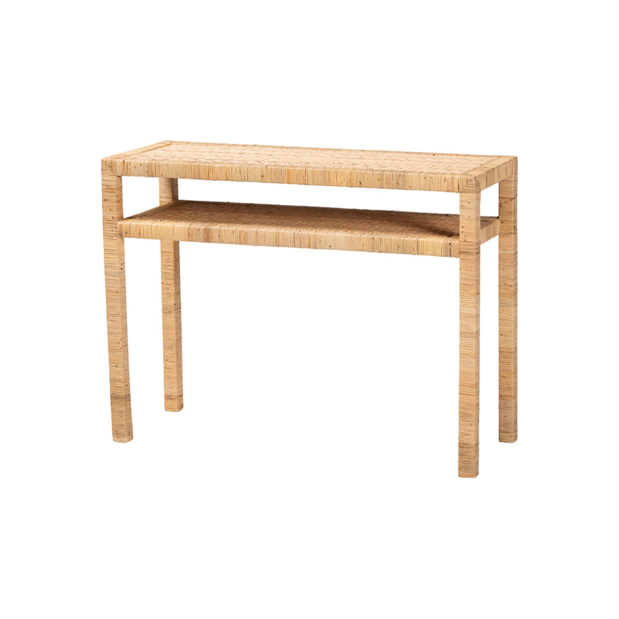 Light Honey Acacia Wood and Rattan Console Table with Storage