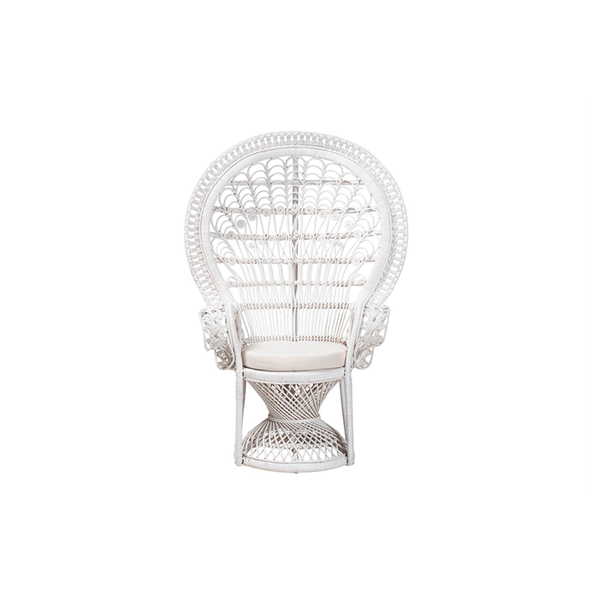 Handcrafted White Rattan Peacock Accent Chair with Geometric Design