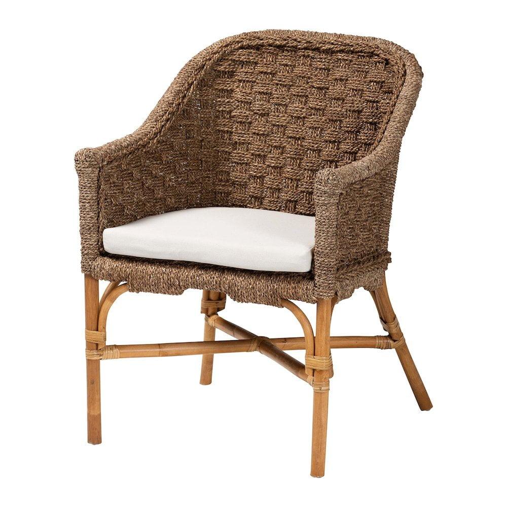 Handcrafted Brown Rattan and Seagrass Accent Chair with Cushion