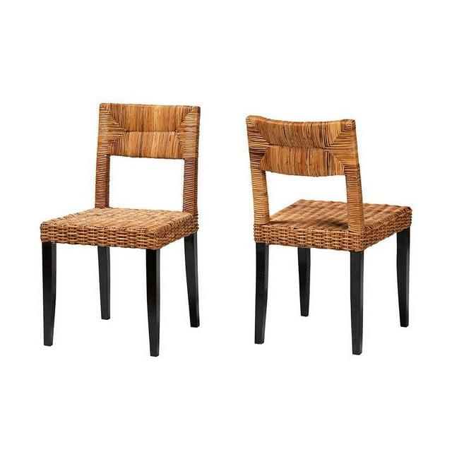 bali & pari Manrico Wood and Natural Rattan Dining Chair Dark Brown/Natural Brown: Bohemian Style, Geometric Weave, No Assembly Required