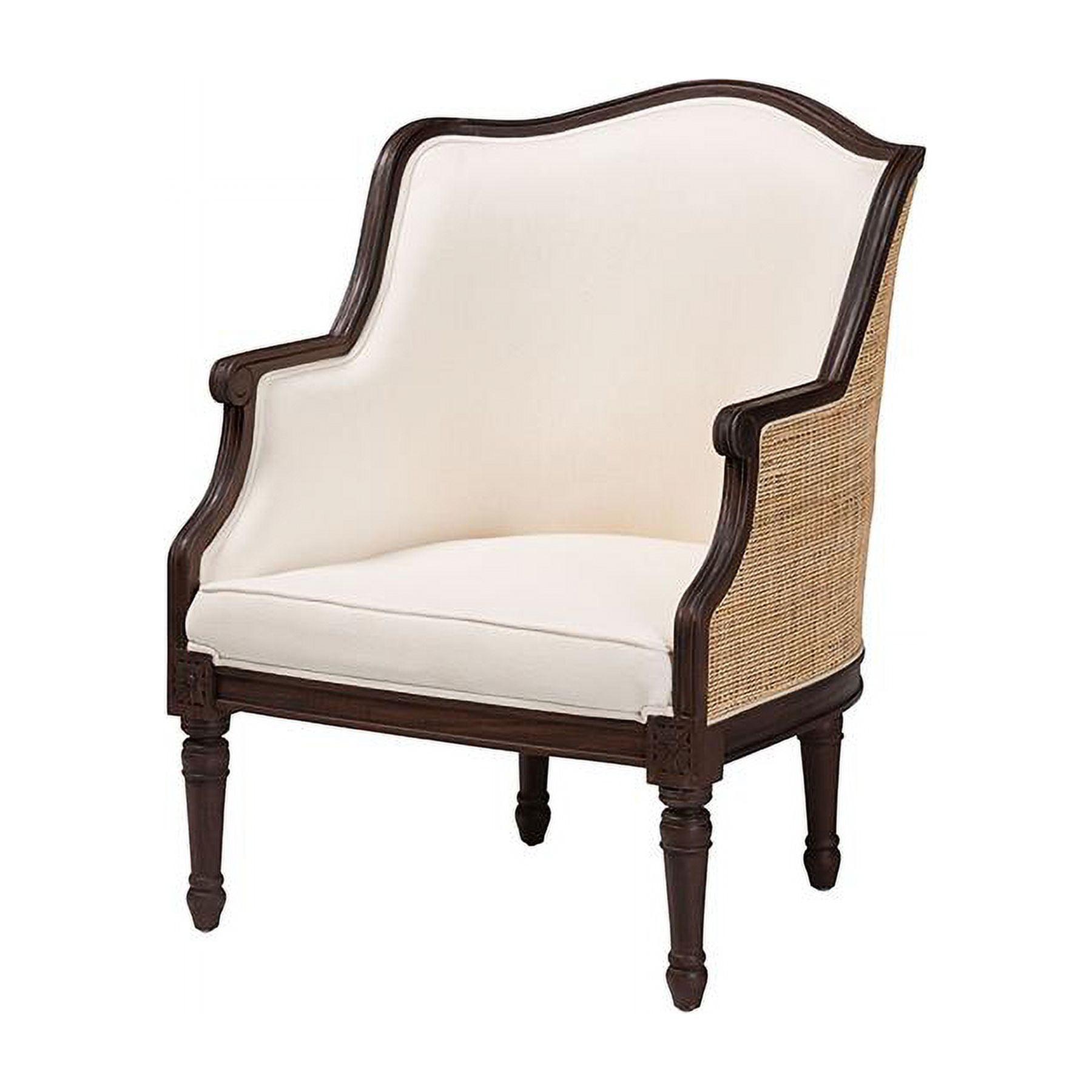 Beige and Dark Brown Carved Wood Accent Chair with Woven Rattan