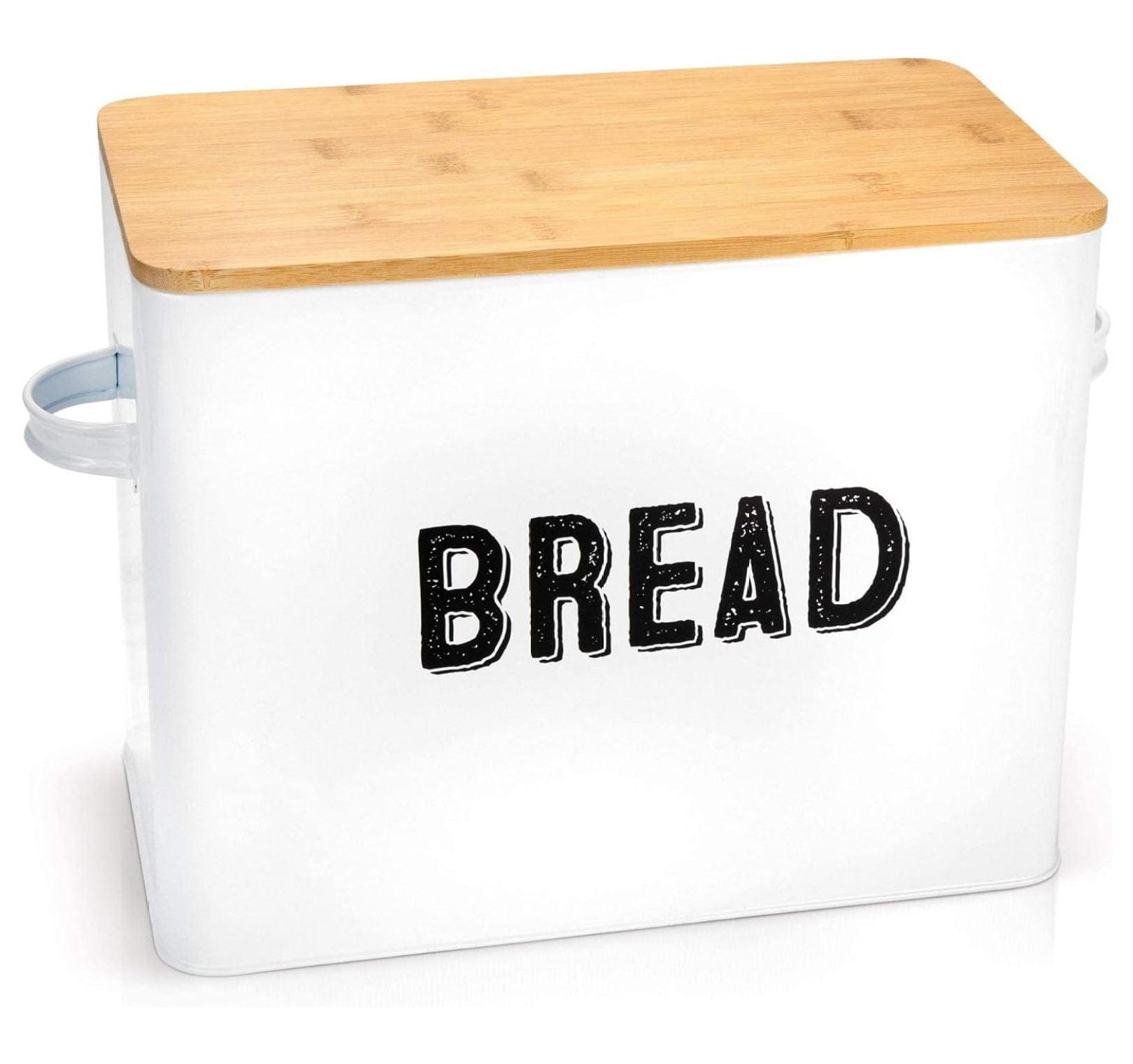 White Metal Bread Box with Bamboo Lid and Handles