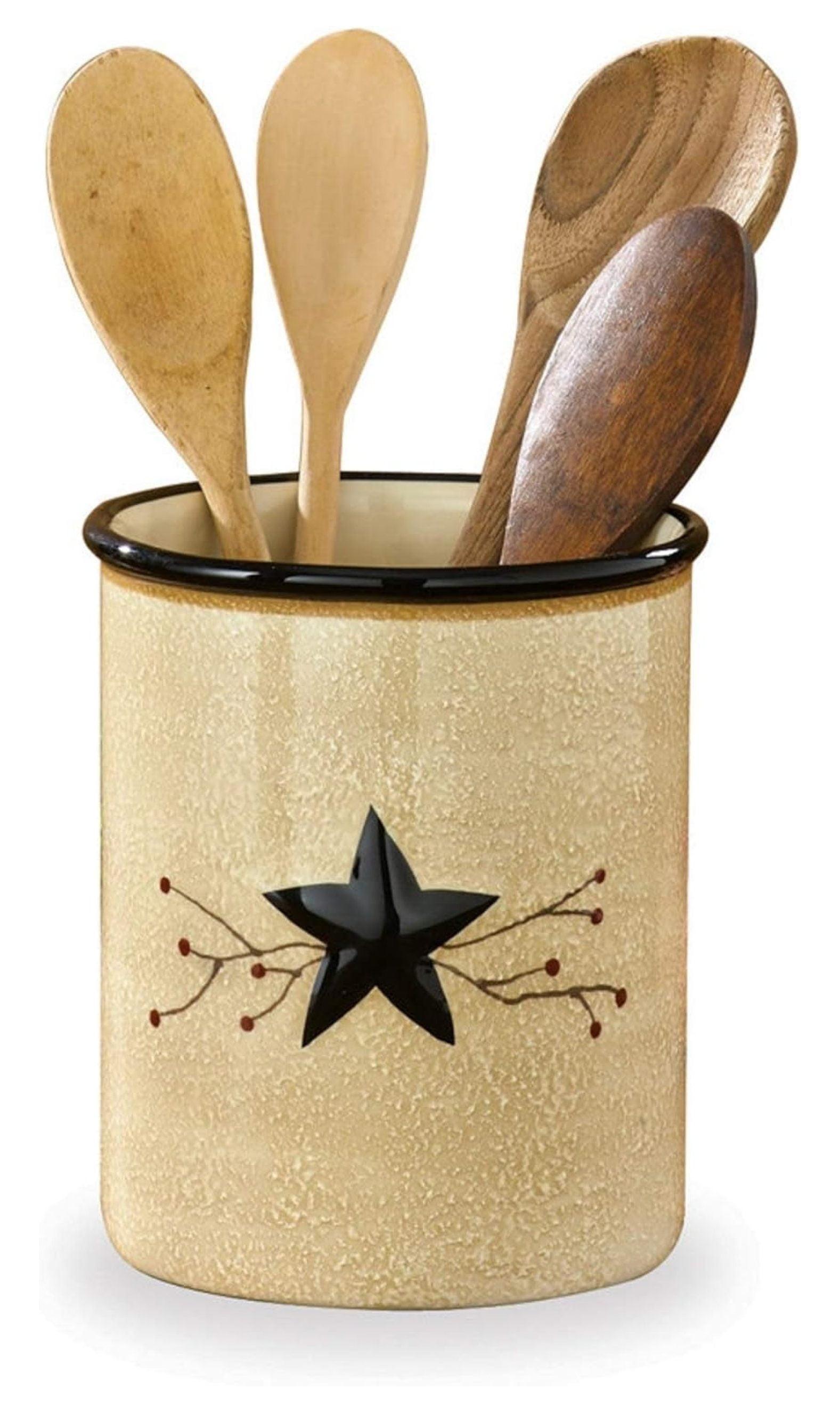 Hand-Painted Beige Ceramic Utensil Crock with Black Star