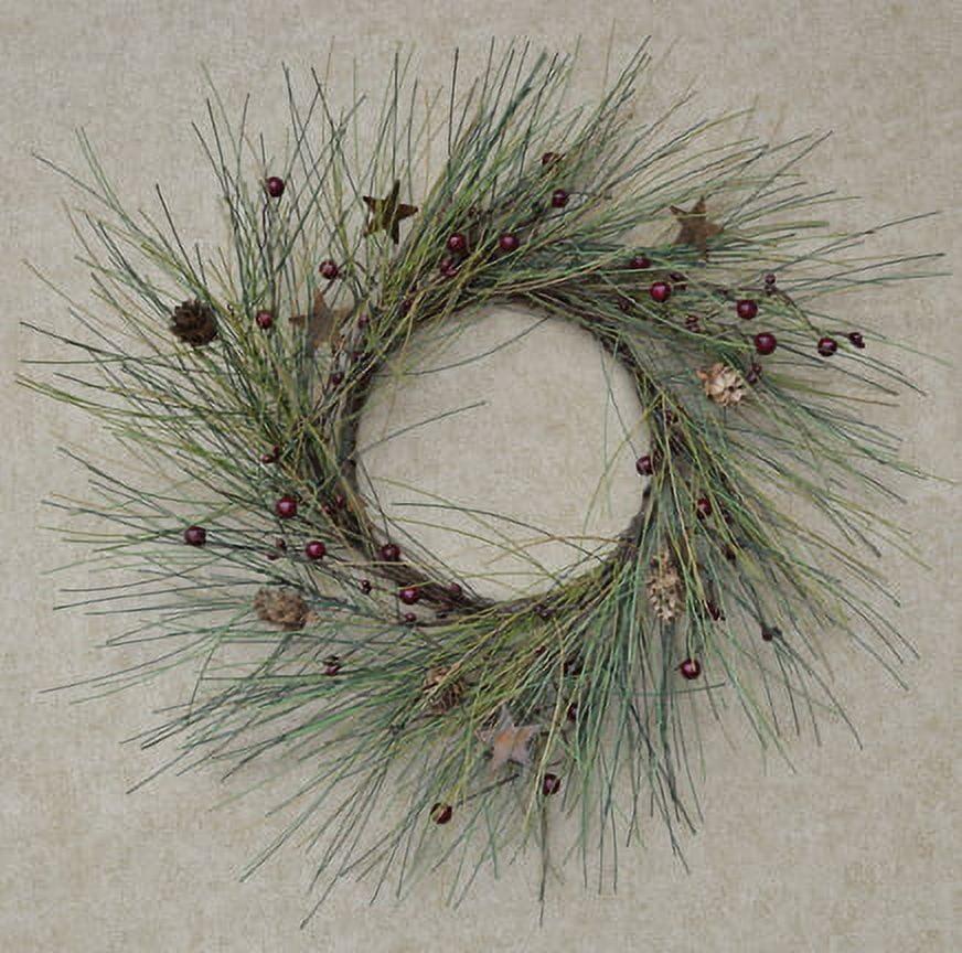 14" Rustic Pine Needle Wreath with Burgundy Berries and Stars