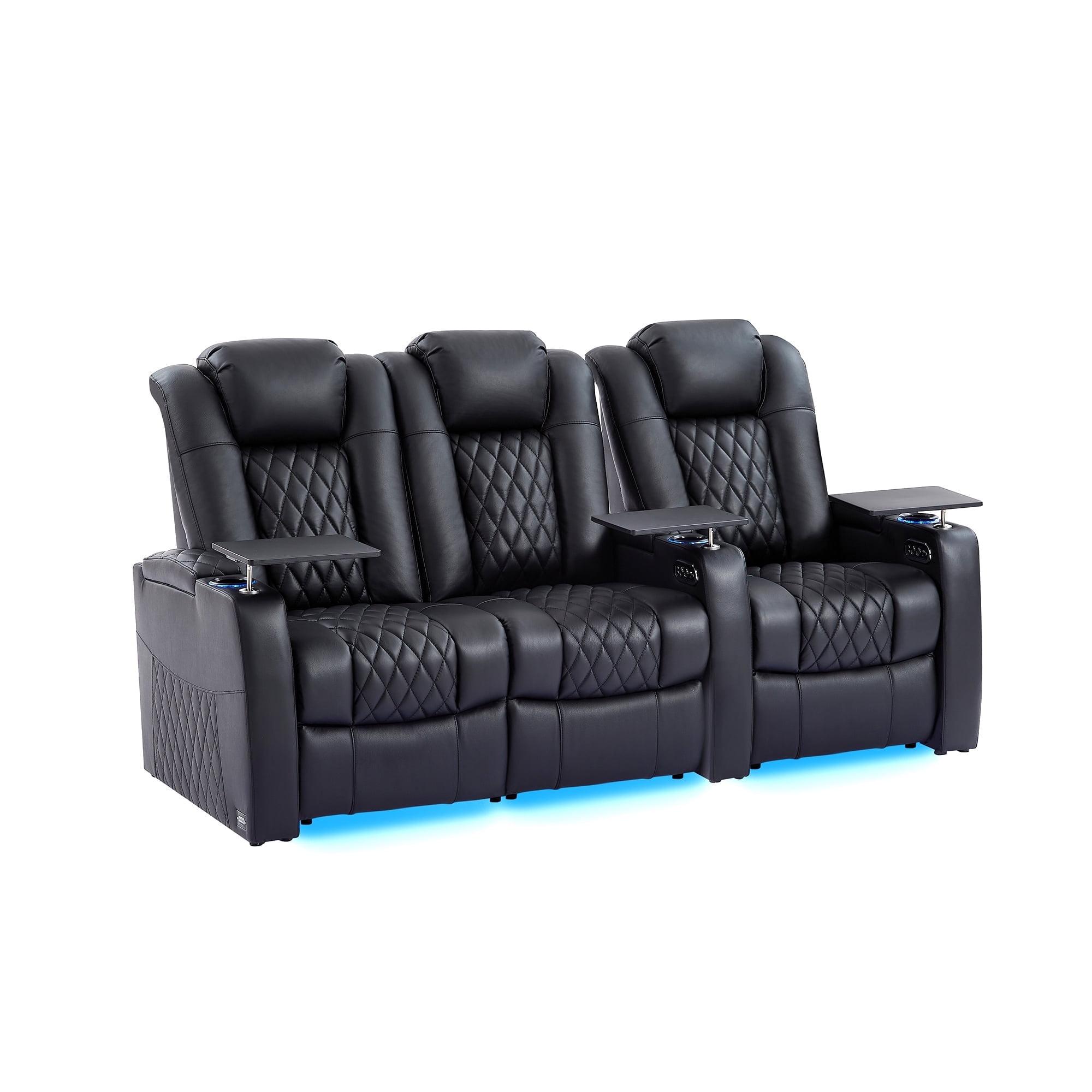 comfiroom Home Theater Seating Seats Classic Series Top Grain Nappa Leather Loveseat Recliner Chair Dual Power Movie Gaming Sofa Electric Headrest with Tray Table (Black, Row of 3 Loveseat Left)