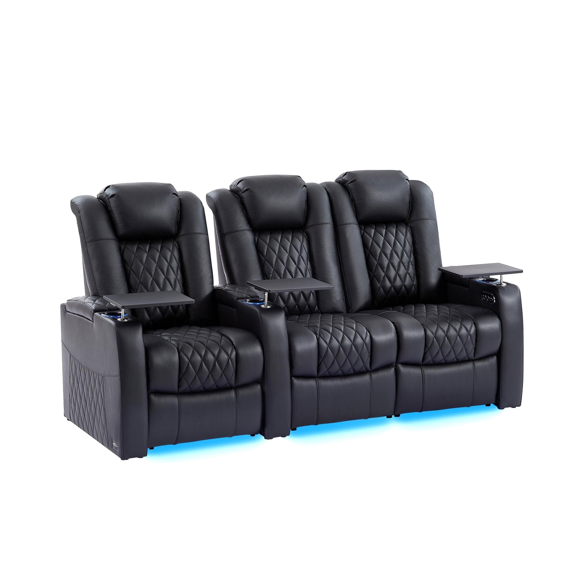 comfiroom Home Theater Seating Seats Classic Series Top Grain Leather Loveseat Recliner Chair Dual Power Movie Gaming Sofa Electric Headrest with Tray Table (Black, Row of 3 Loveseat Right)