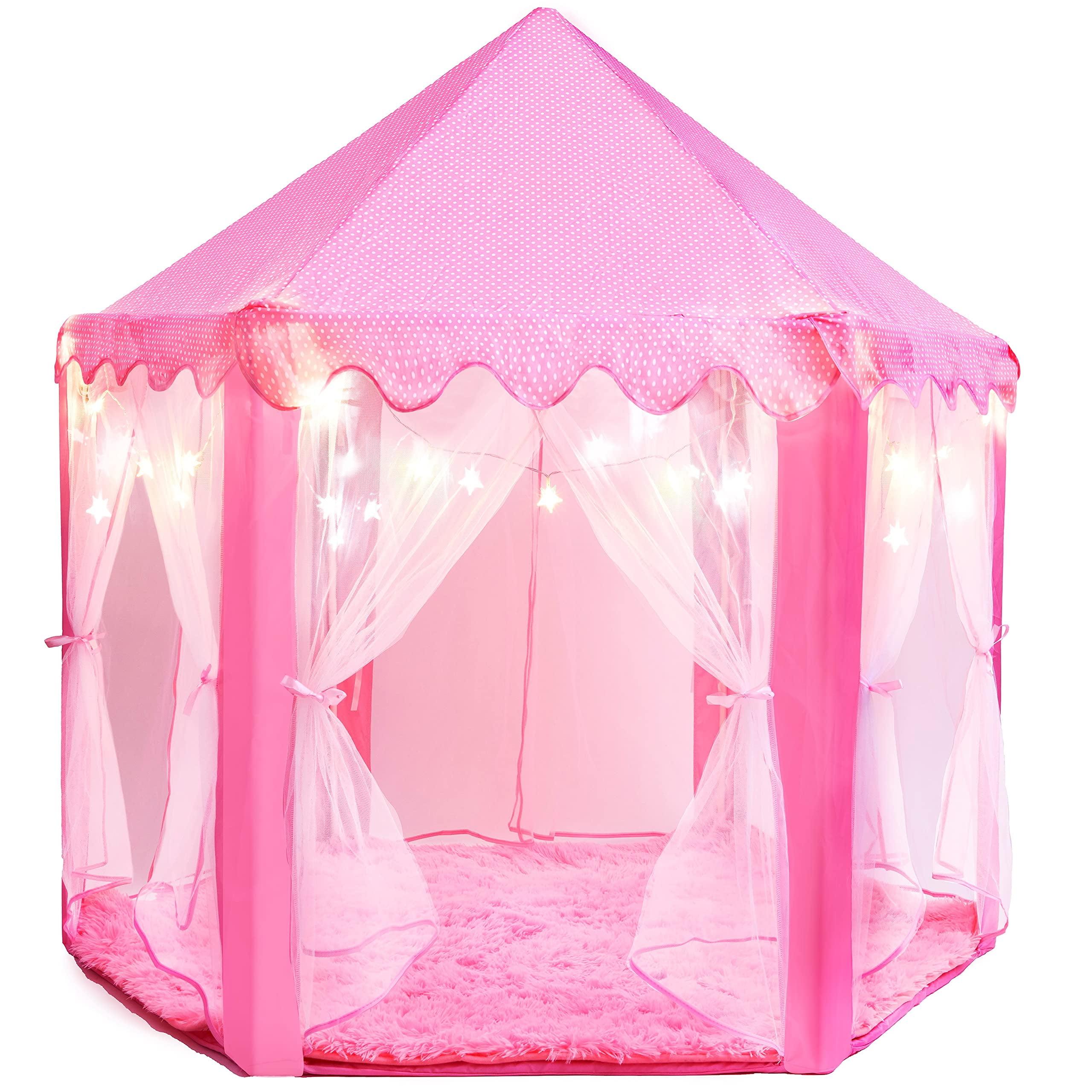 Pink Princess Castle Play Tent with LED Star Lights