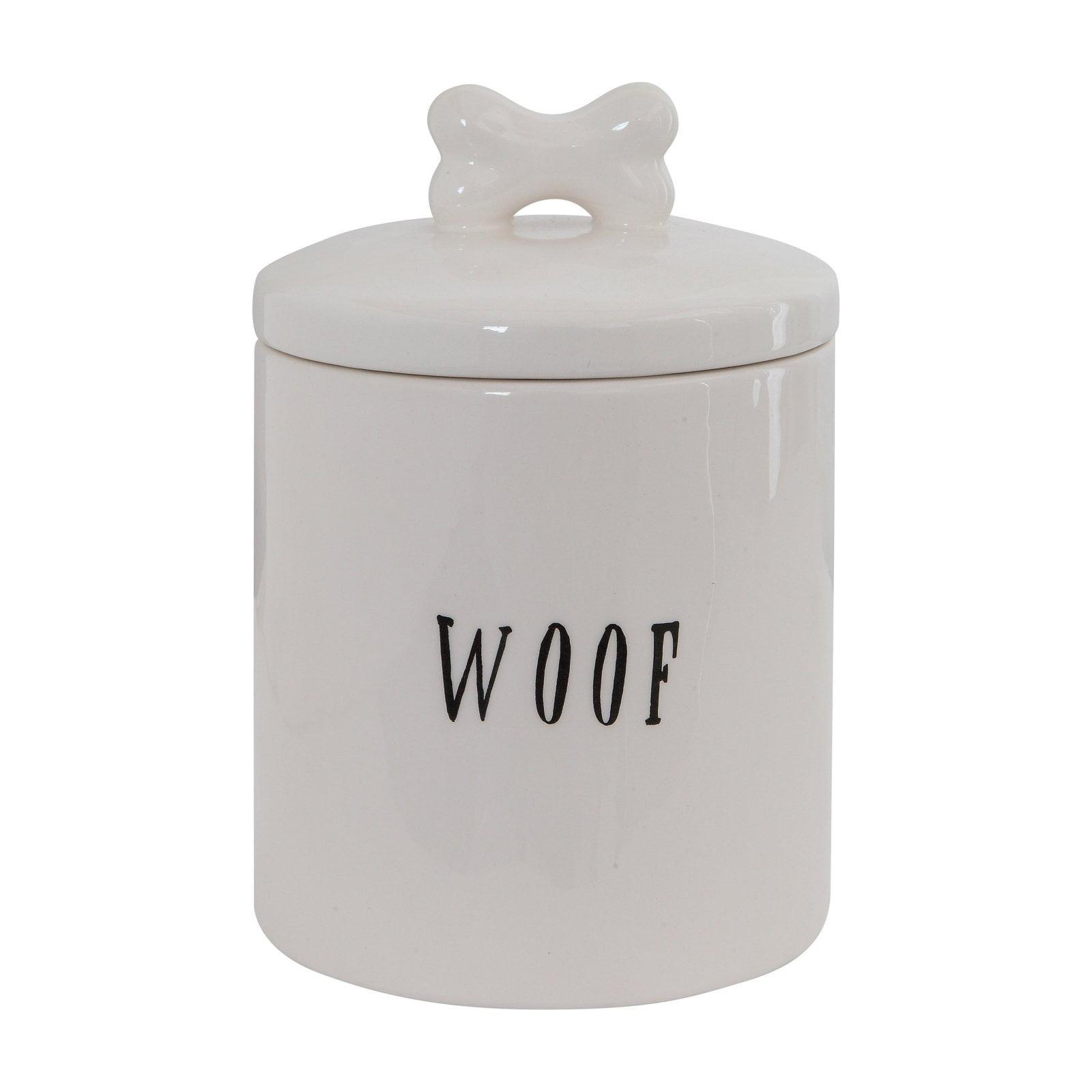 White Ceramic Dog Treat Jar with Bone Handle Lid