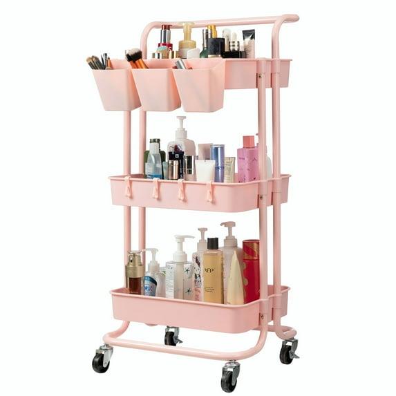 danpinera 3 Tier Rolling Cart Cleaning Organizer Utility Cart with Wheels for Storage Kitchen Bathroom-Pink
