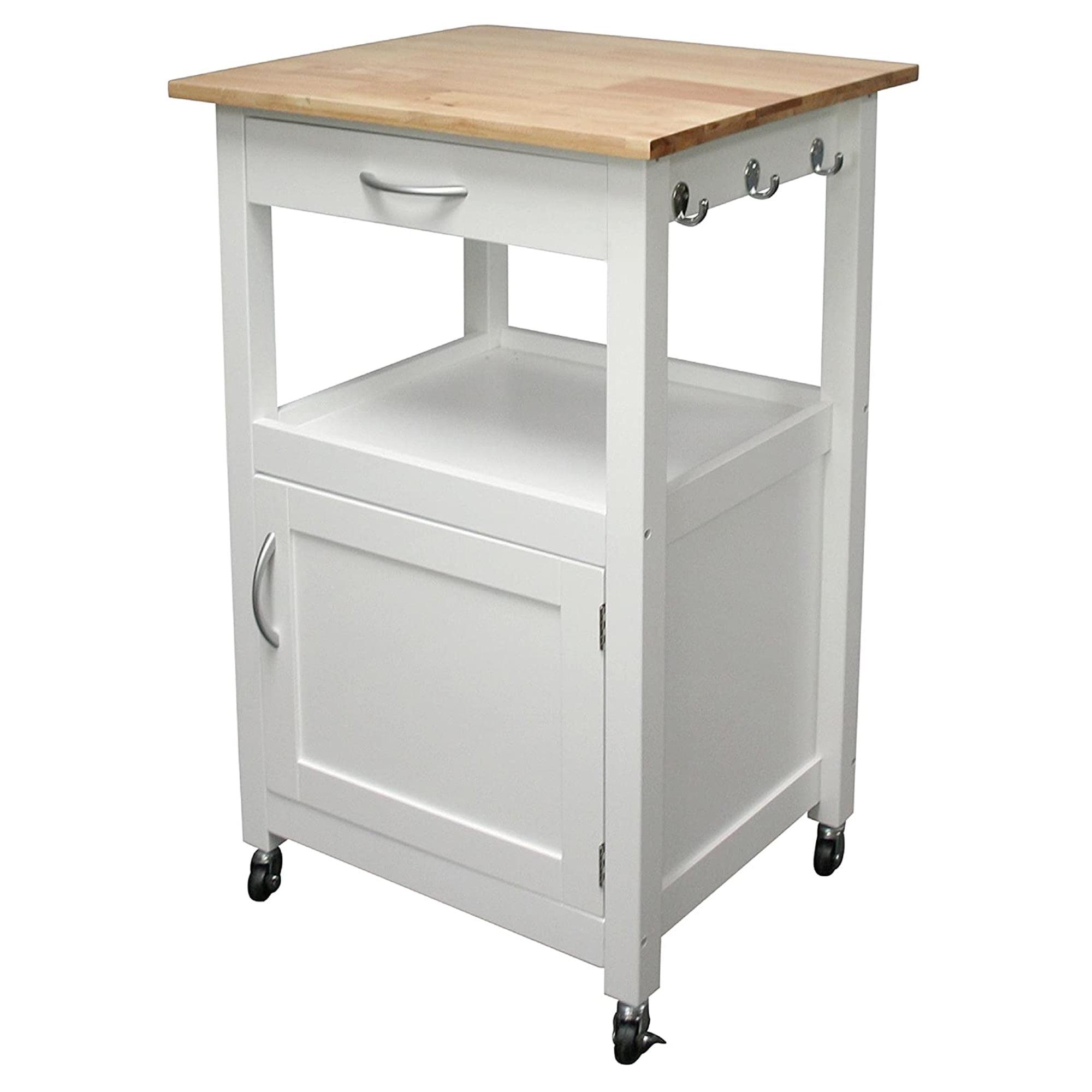 White Rectangular Wood Kitchen Cart with Natural Top and Storage