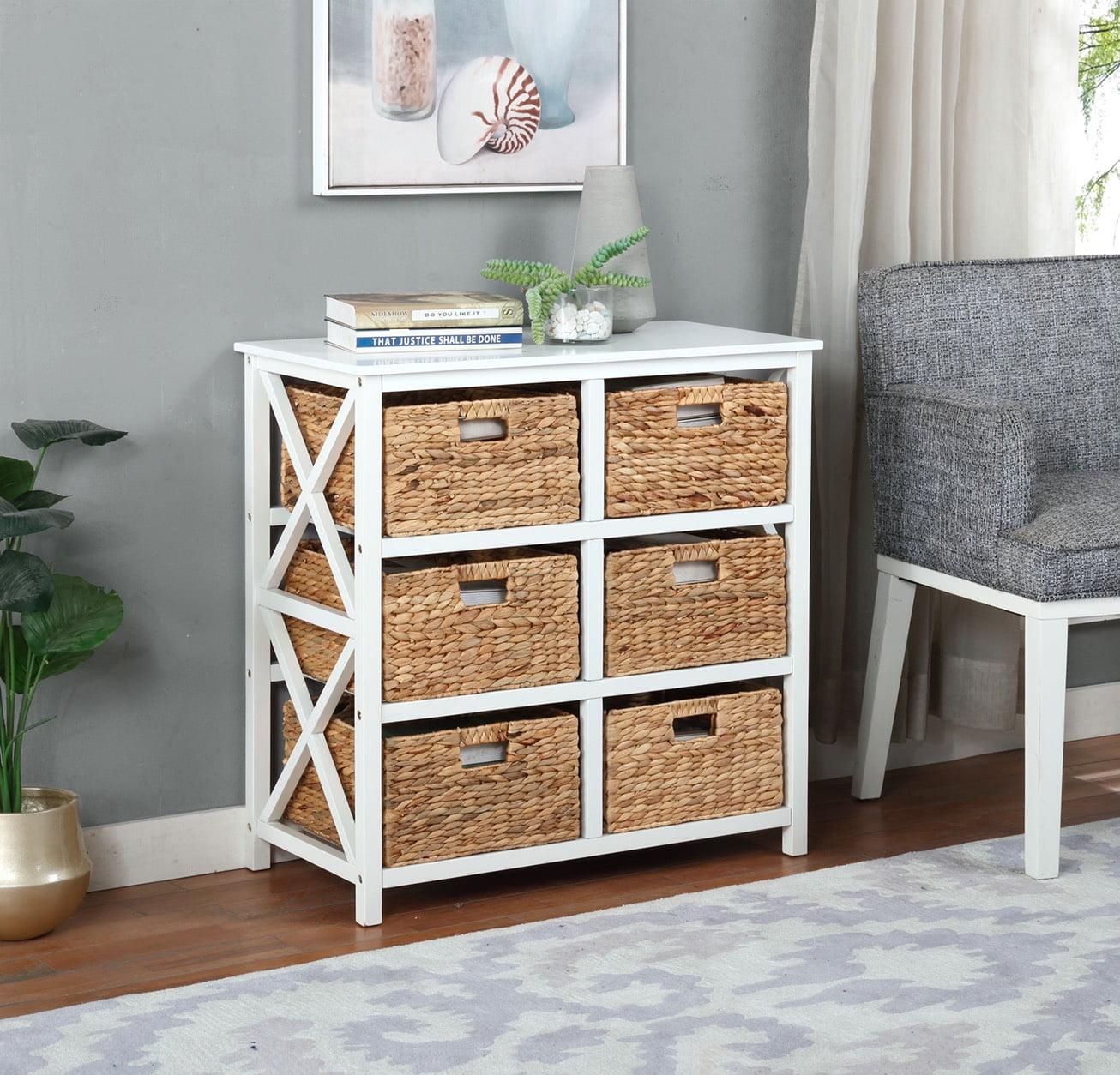 eHemco 3 Tier X-Side Storage Drawers with 6 Wicker Baskets, White
