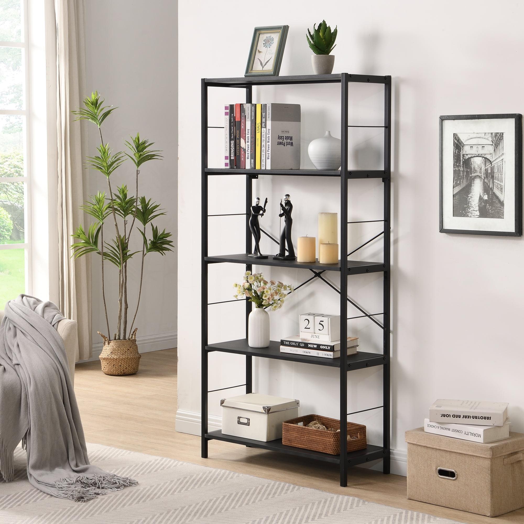 eHemco 5 Tier Bookshelf, Modern Rustic Bookcase Shelf, Book Rack, Free Standing Shelf, Storage Rack for Home Office, Living Room, Kitchen, 64 Inches, Black