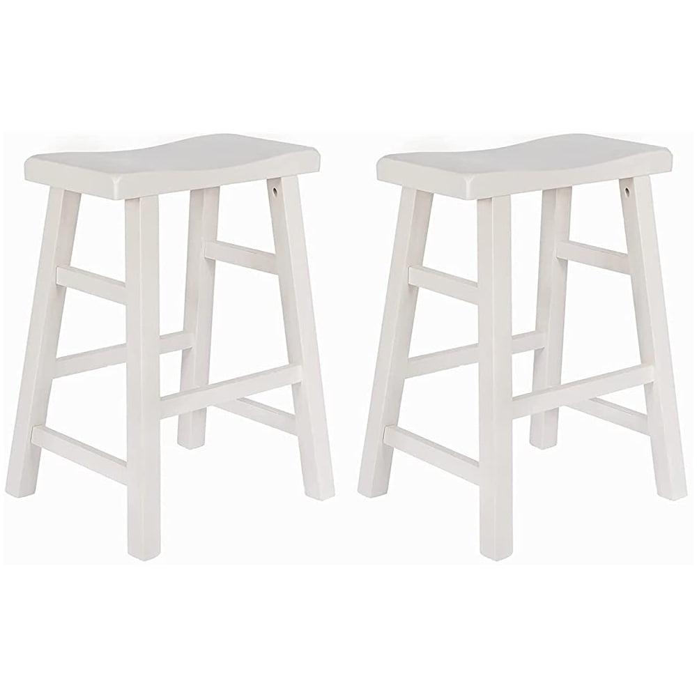 eHemco Heavy-Duty Solid Wood Saddle Seat Kitchen Counter Height Barstools, 24 Inches, Set of 2, White