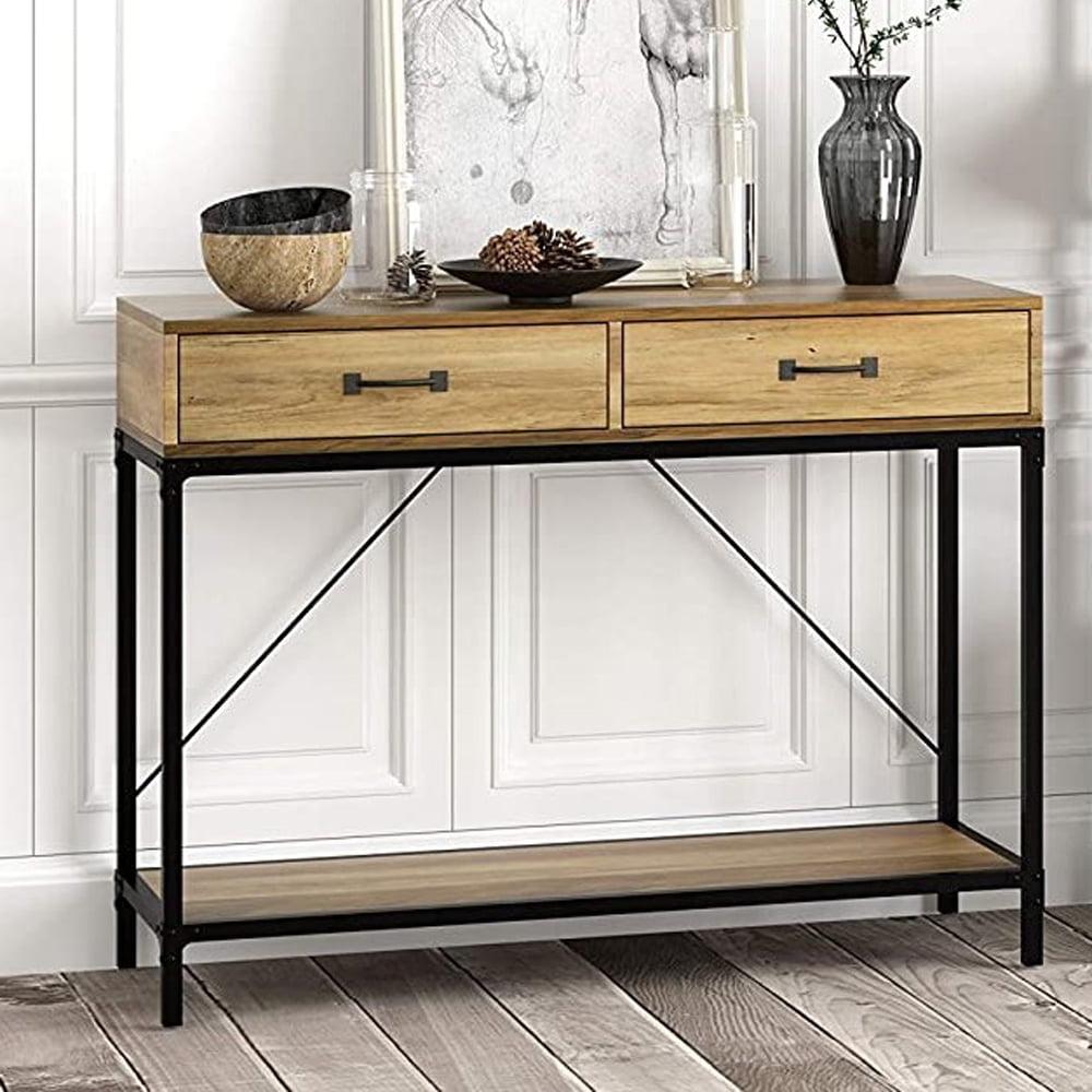 Rustic Rectangular Console Table with Black Metal Frame and Storage