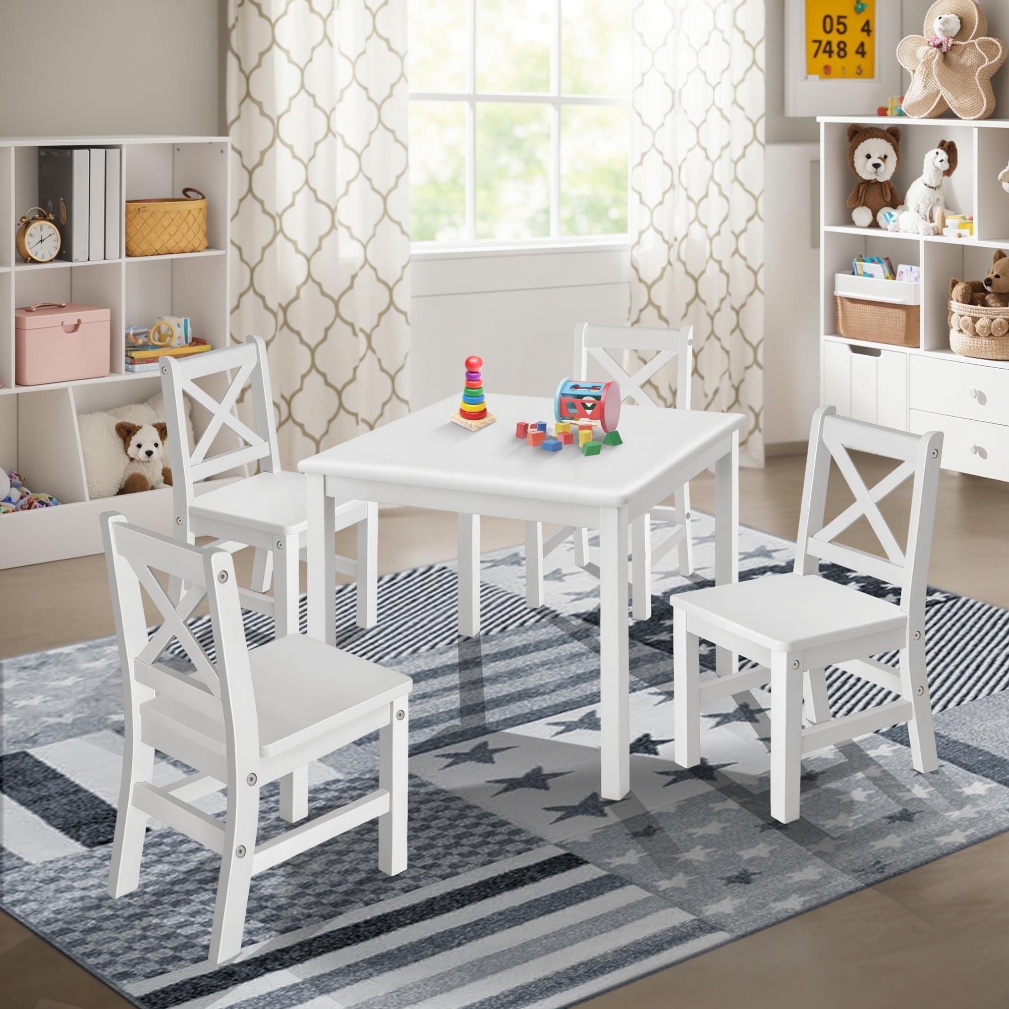 eHemco Solid Hard Wood Kids Table and Chair Set (4 Chairs Included), 5 Piece Set, White