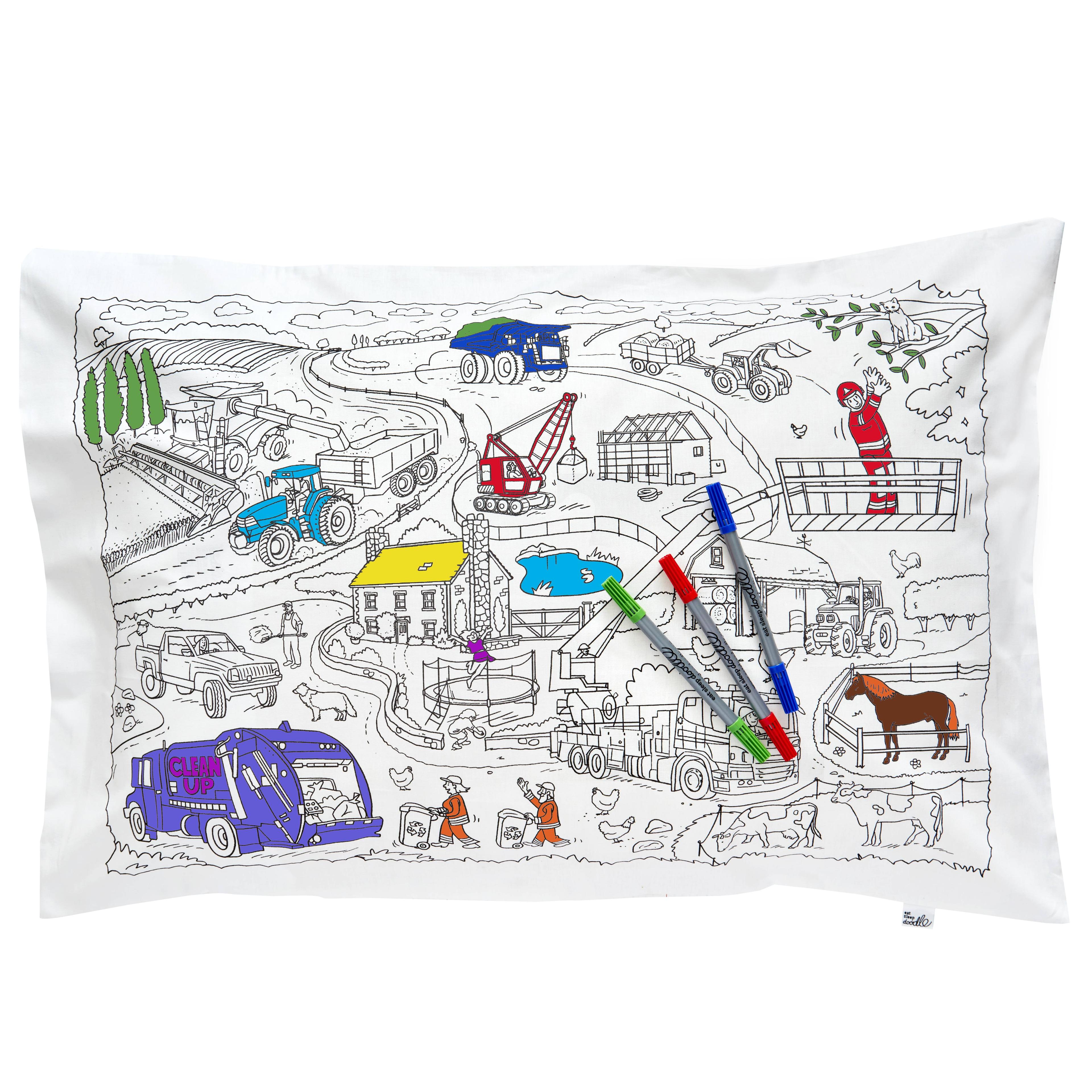 eatsleepdoodle Coloring Cotton Pillowcase with Washable Markers - Cars and Trucks Color in Activity Craft Kit for Boys and Girls Age 3+