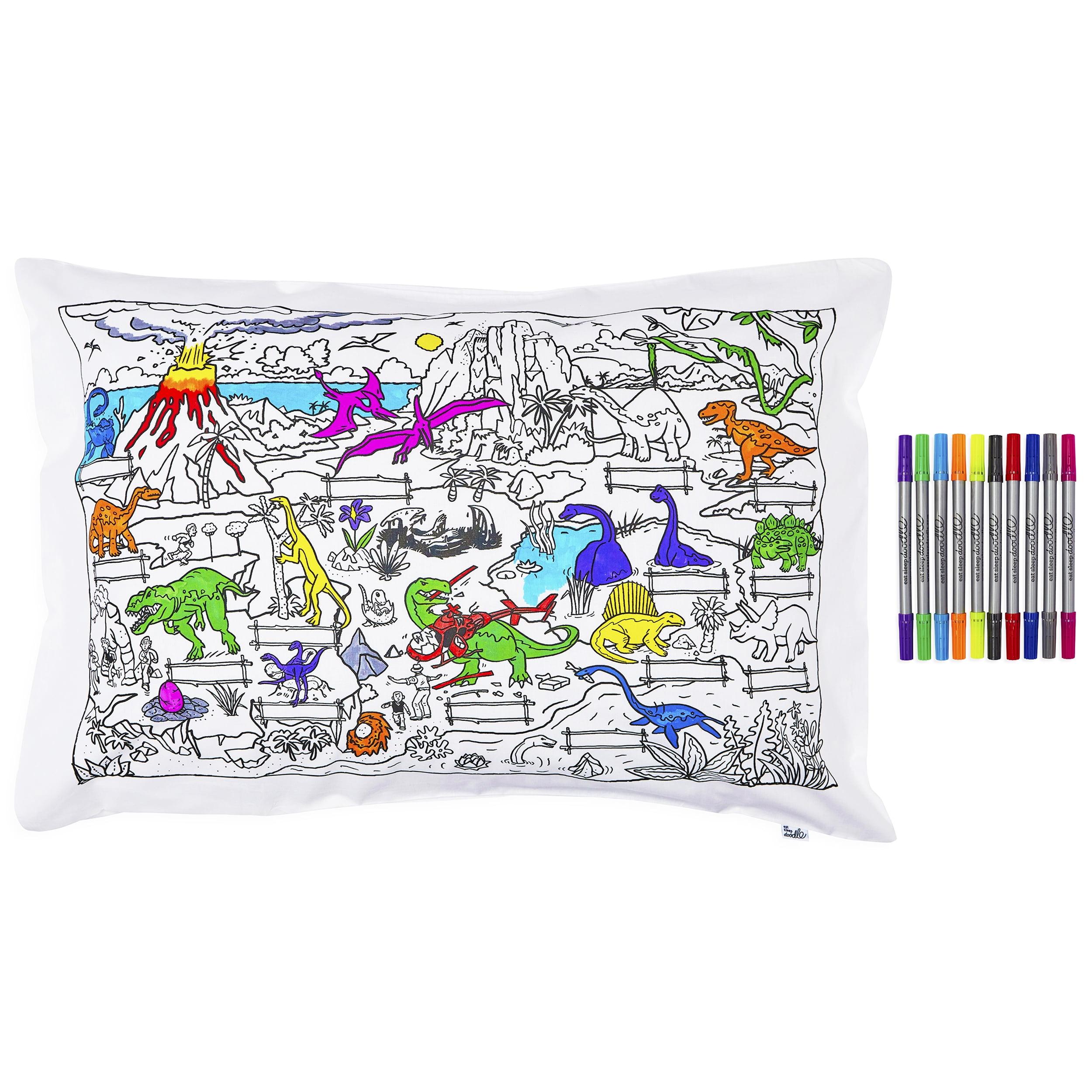 eatsleepdoodle Coloring Cotton Pillowcase with Washable Markers - Dinosaur Color in Activity Craft Kit for Boys and Girls Age 3+