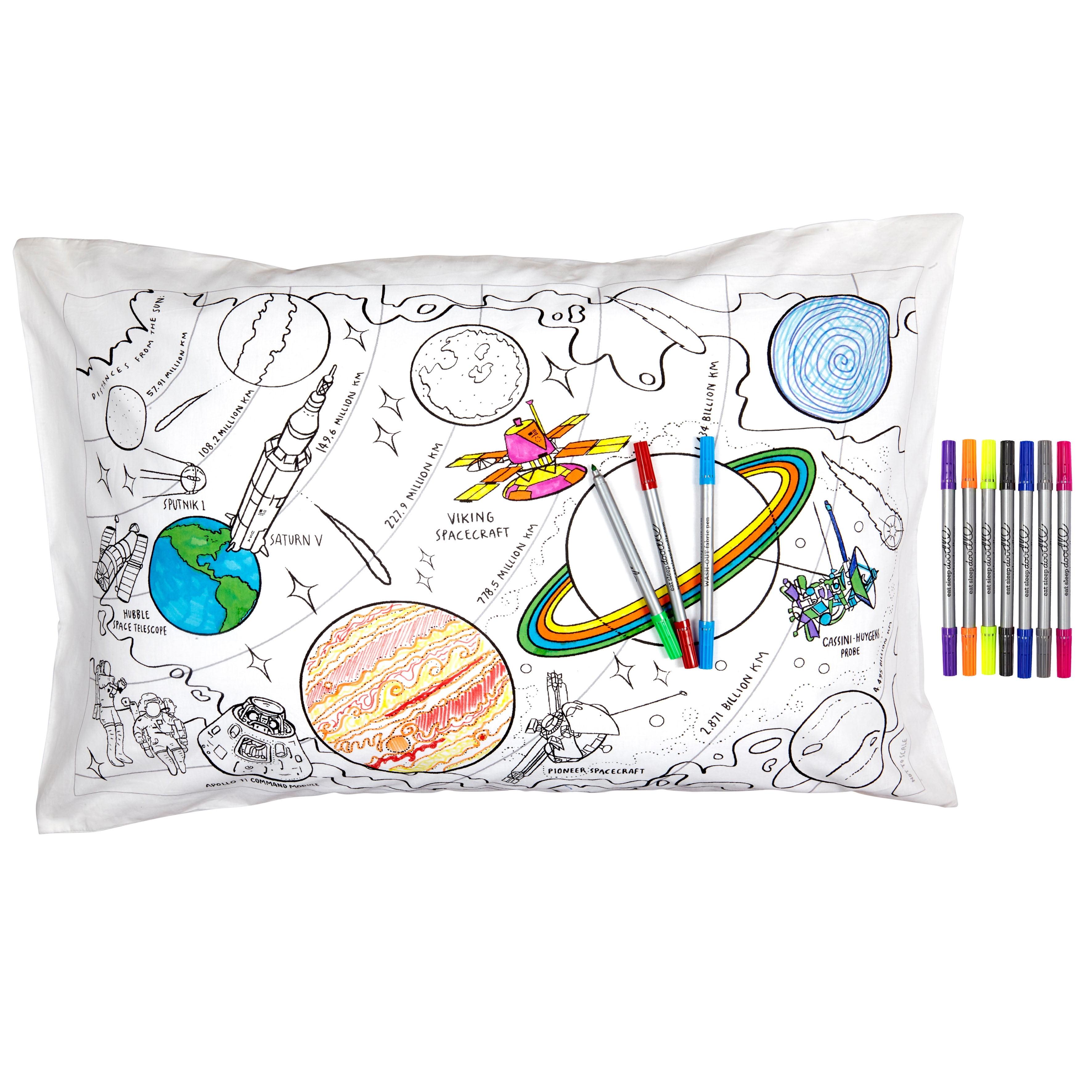 eatsleepdoodle Coloring Cotton Pillowcase with washable markers - Space Explorer Color in Activity Craft Kit Age 3+
