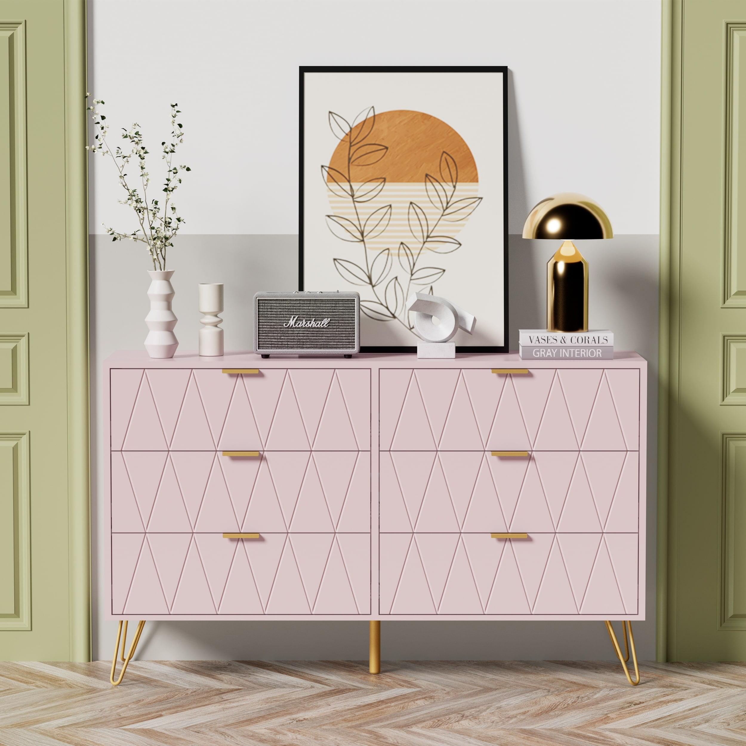 UEV 6 Drawer Dresser for Bedroom,Pink Dresser with Wide Drawers and Metal Handles,Modern Chest for Bedroom,Living Room,Entryway(Large Pink)