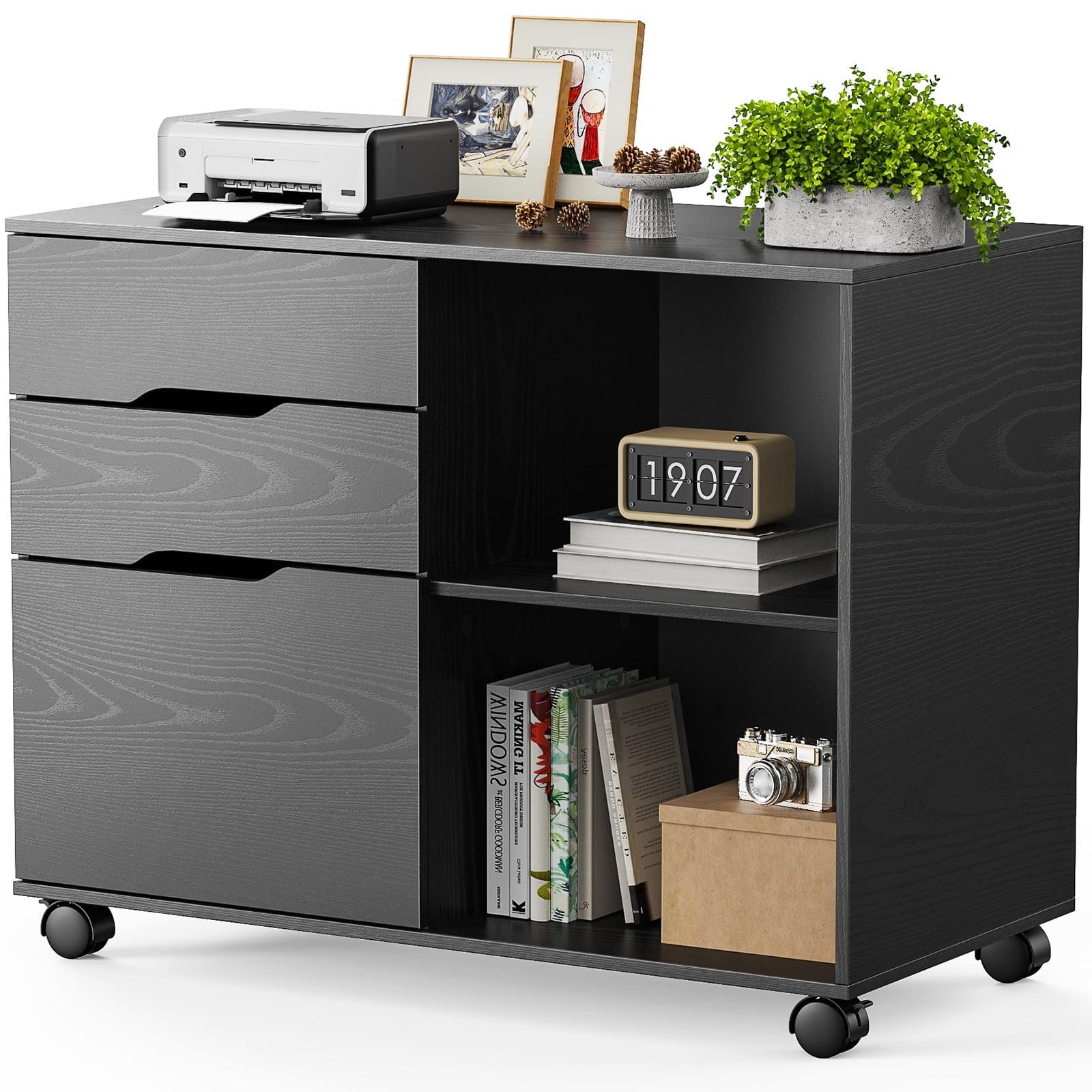 Black Wood 3-Drawer Mobile Filing Cabinet with Open Shelves