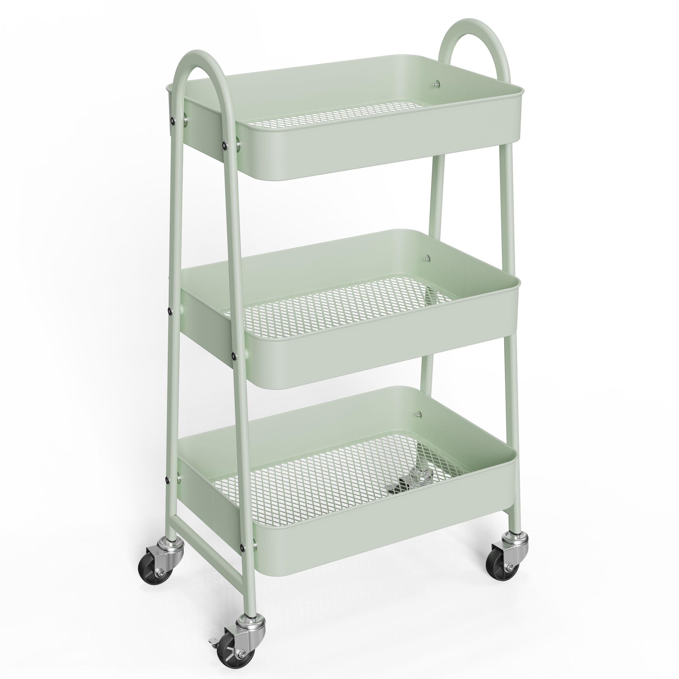 Green 3-Tier Metal Rolling Utility Cart with Lockable Wheels