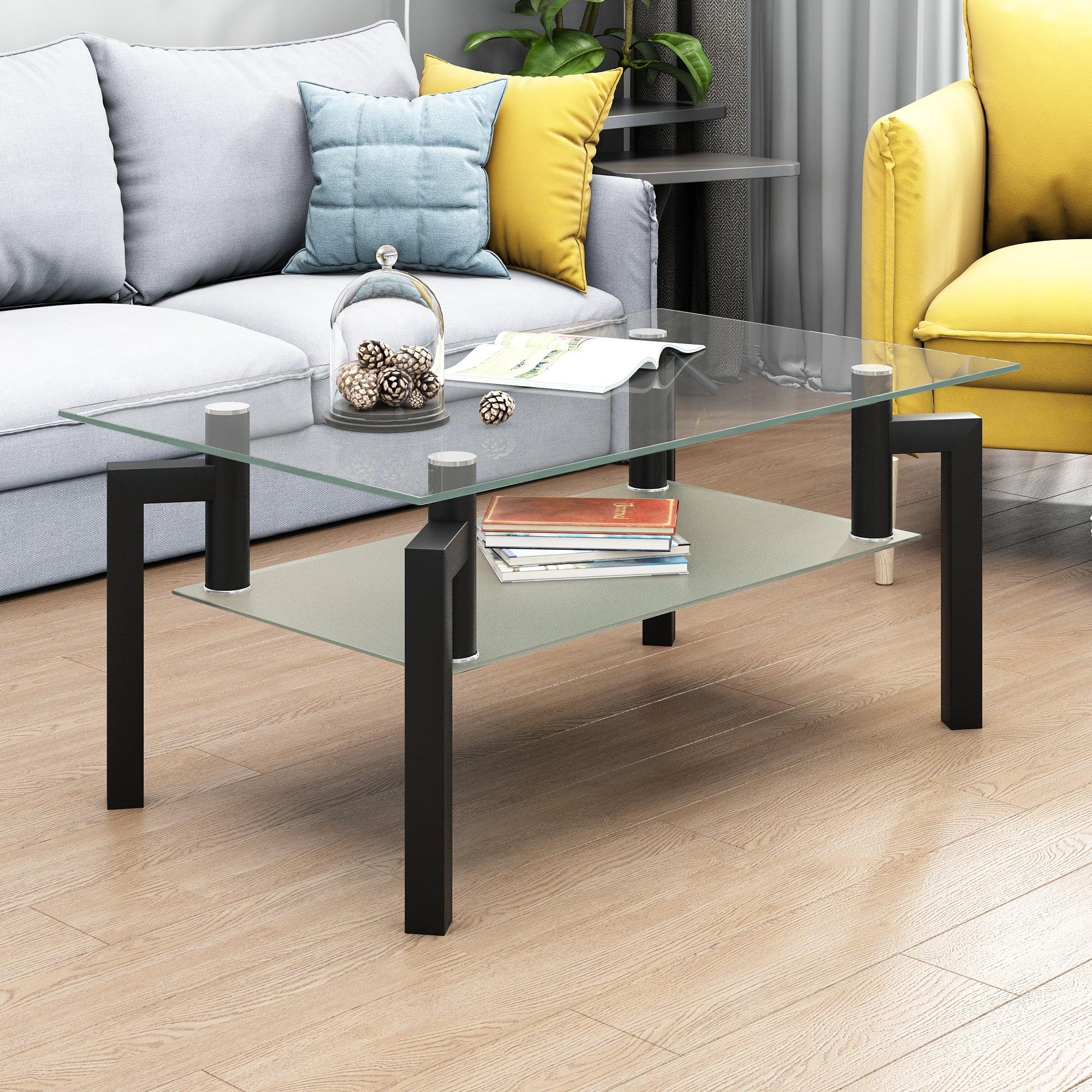 enyopro Glass Coffee Table for Living Room, Modern Rectangle Cocktail Tea Table, Sofa Table with 2 Tier Tempered Glass Boards & Metal Legs, Mid-Century Design Center Table, Easy Assembly, B1262
