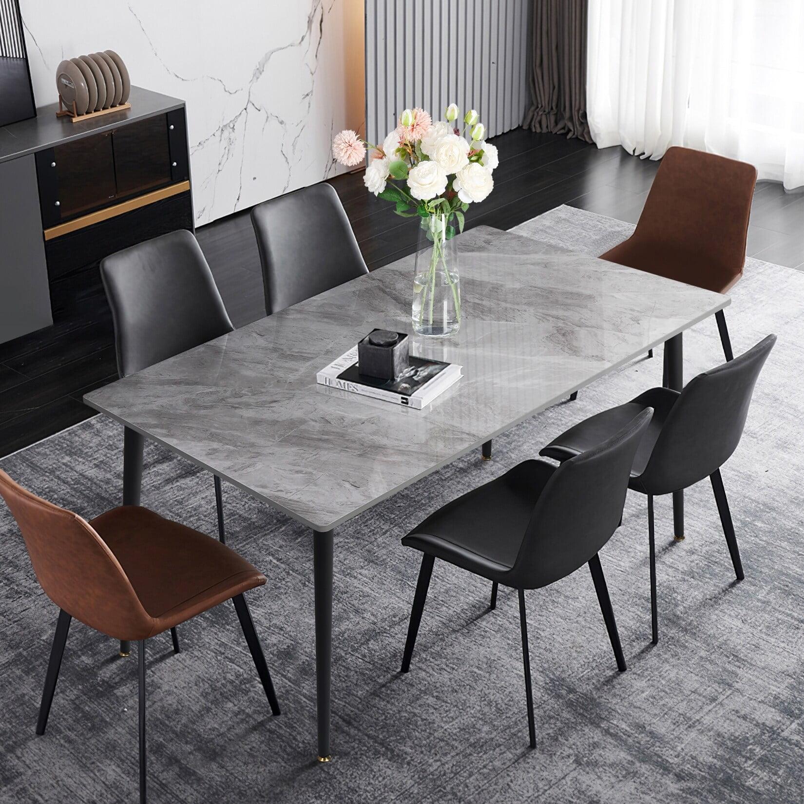 Italian Gray Rectangular Slate Stone Dining Table with Black Metal Legs